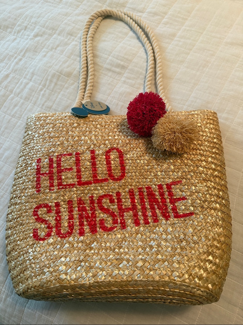 Disney Straw Tote Bag with Red "HELLO SUNSHINE" Lettering